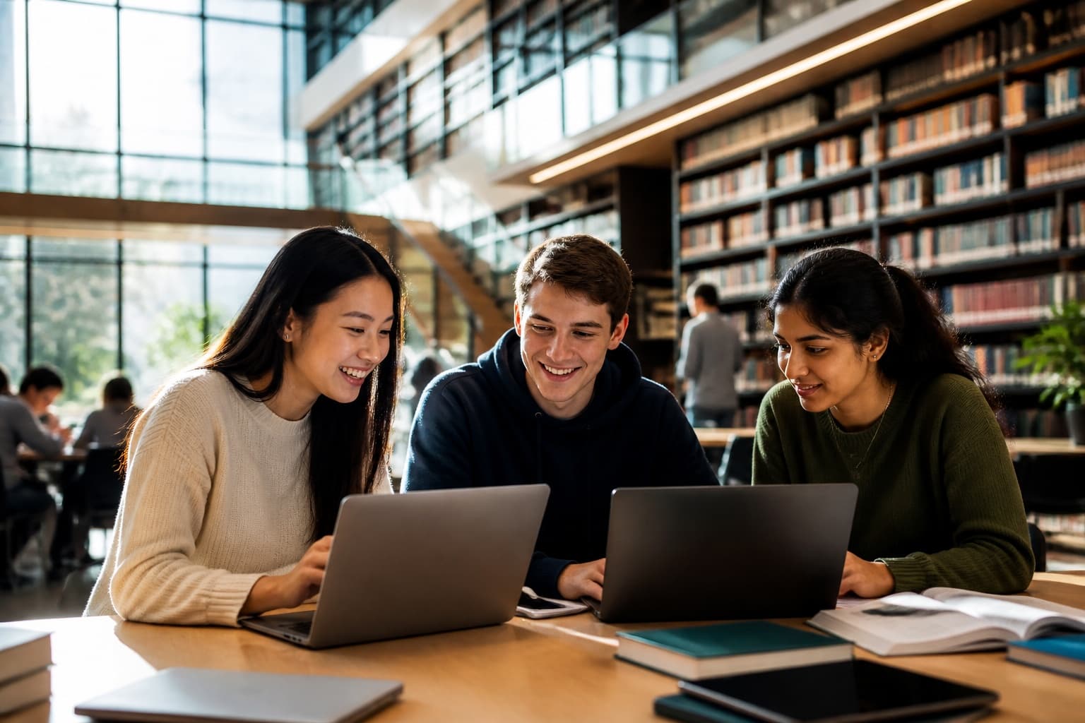 Students studying in a modern library with laptops